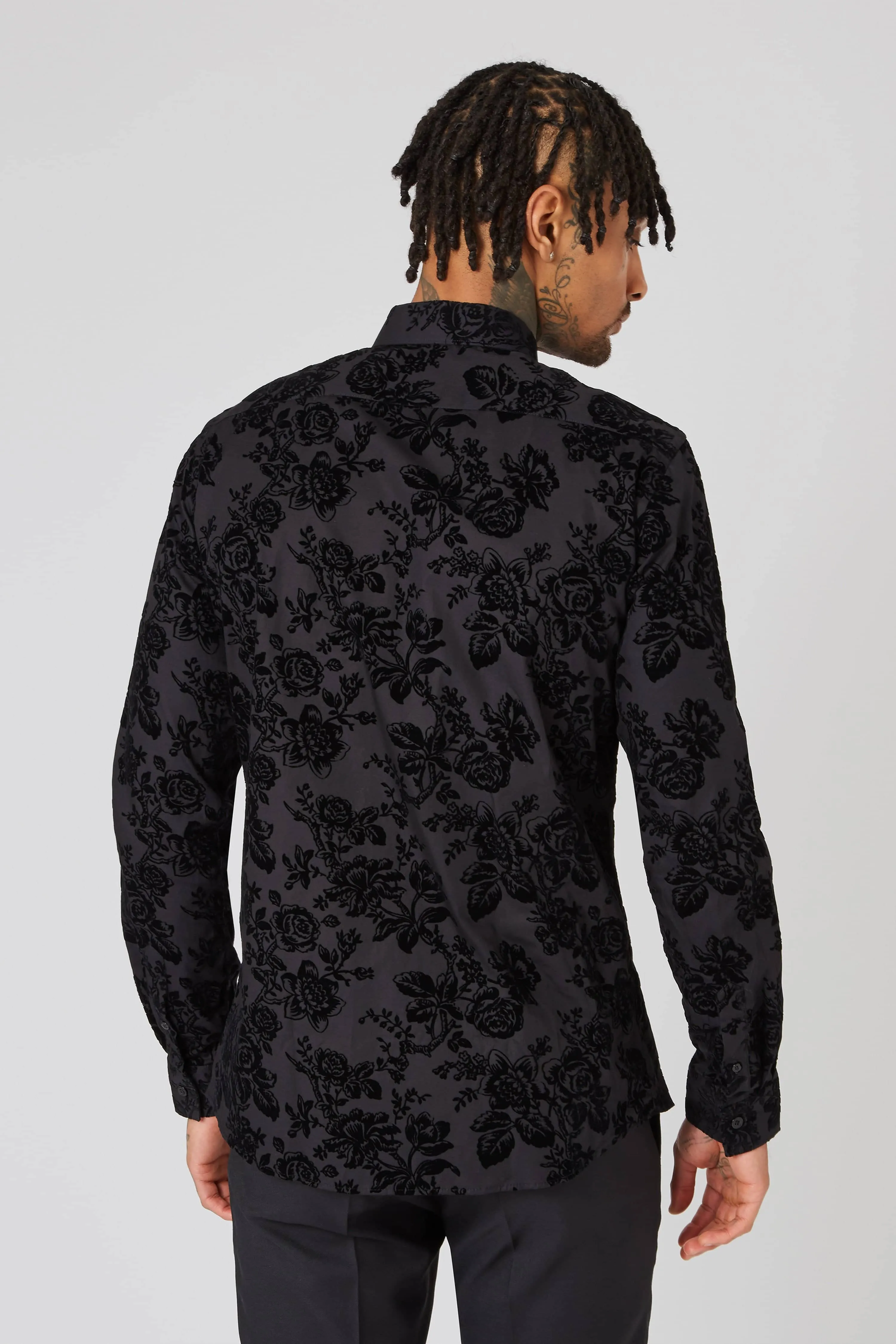 Armada Skinny Fit Black Floral Flocked Cotton Shirt