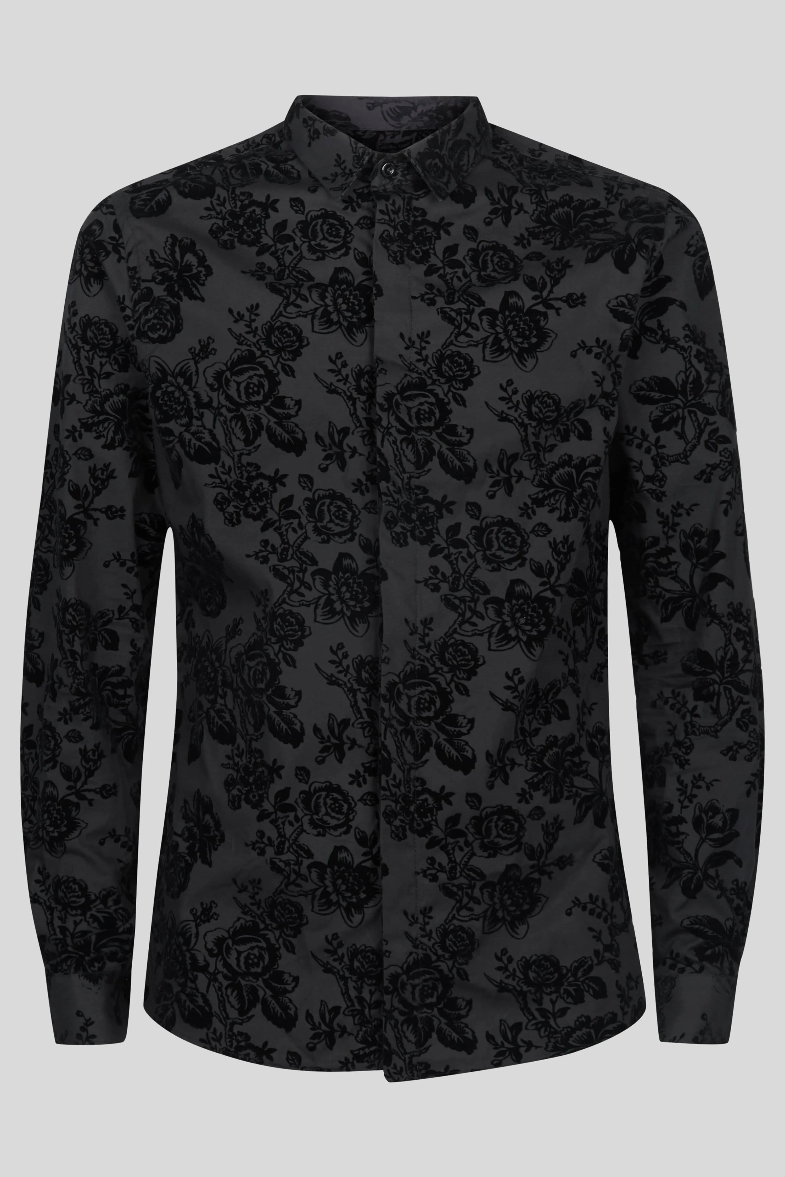 Armada Skinny Fit Black Floral Flocked Cotton Shirt