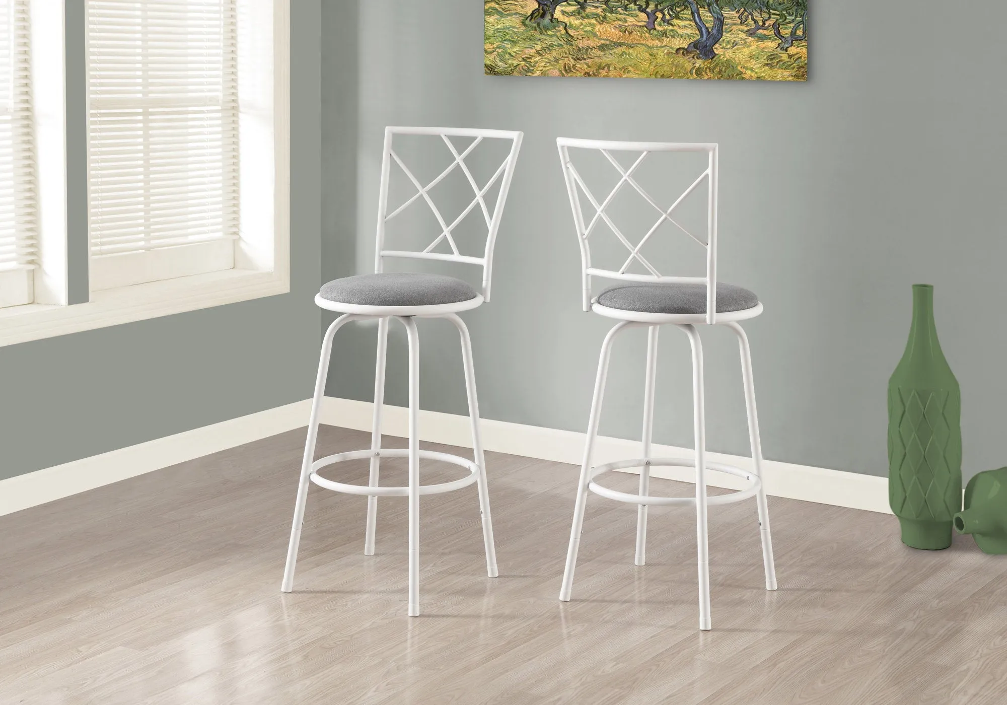 Barstool / Swivel / White / Grey Fabric Seat - Set of 2