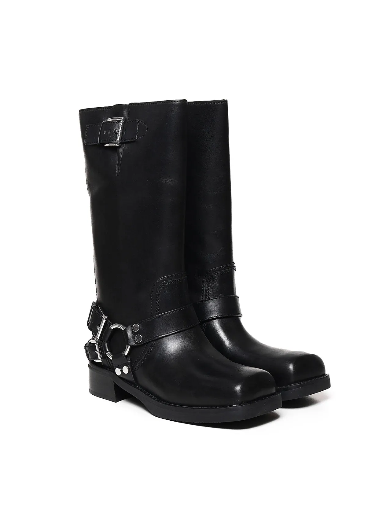 Black Leather Flat Shoes with Buckles