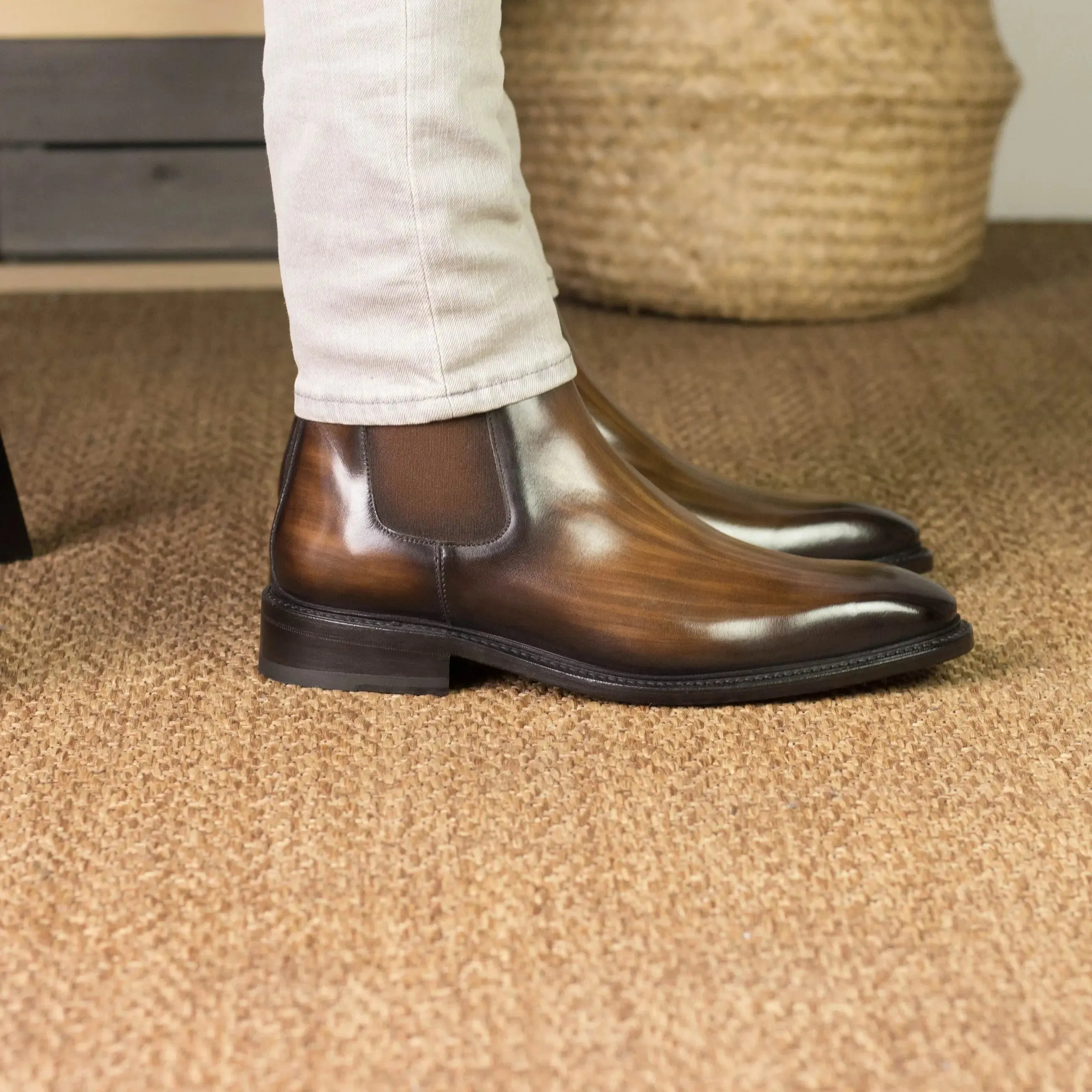 DapperFam Monza in Brown Men's Hand-Painted Patina Chelsea Boot
