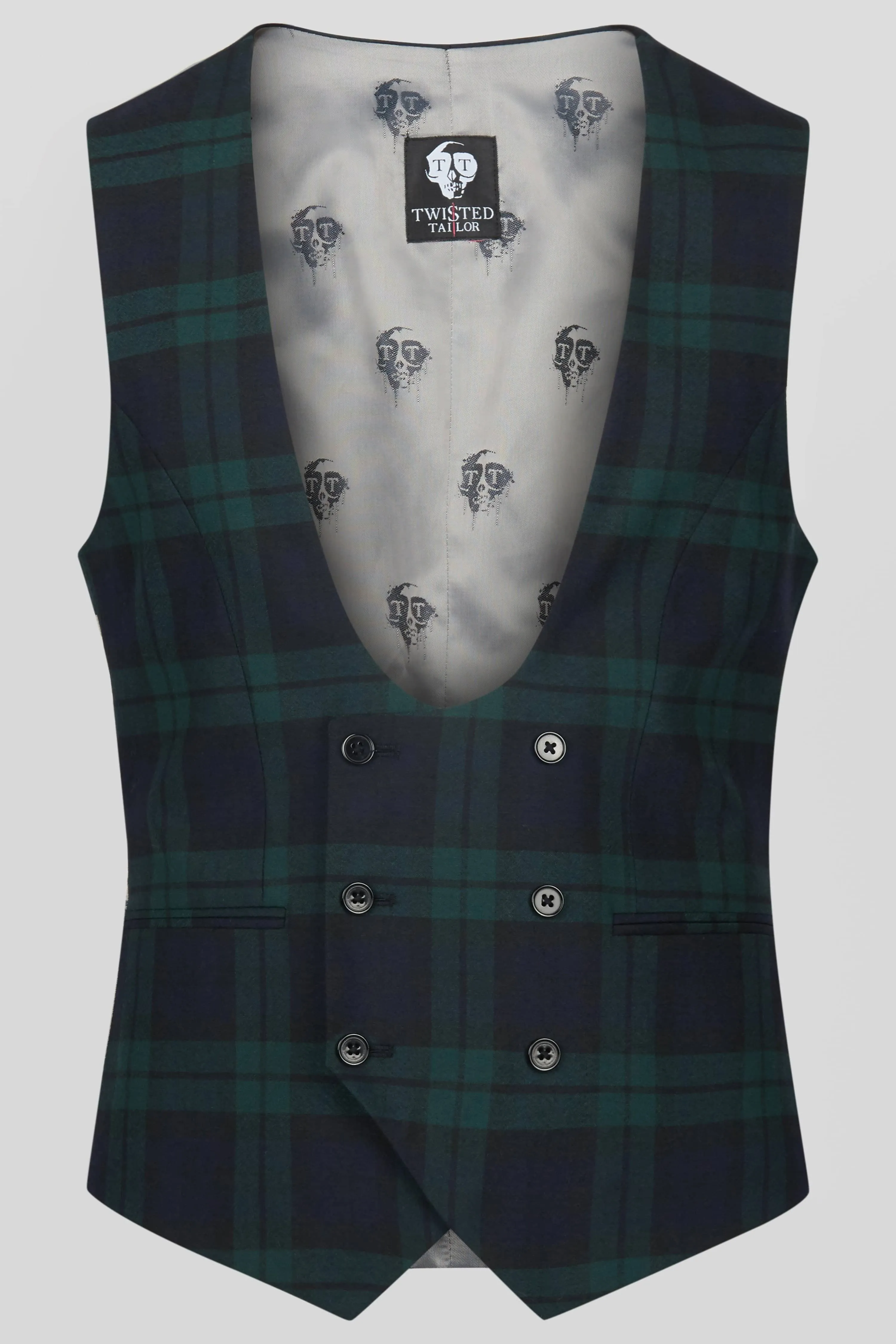 Ginger Skinny Fit Green Tartan Waistcoat