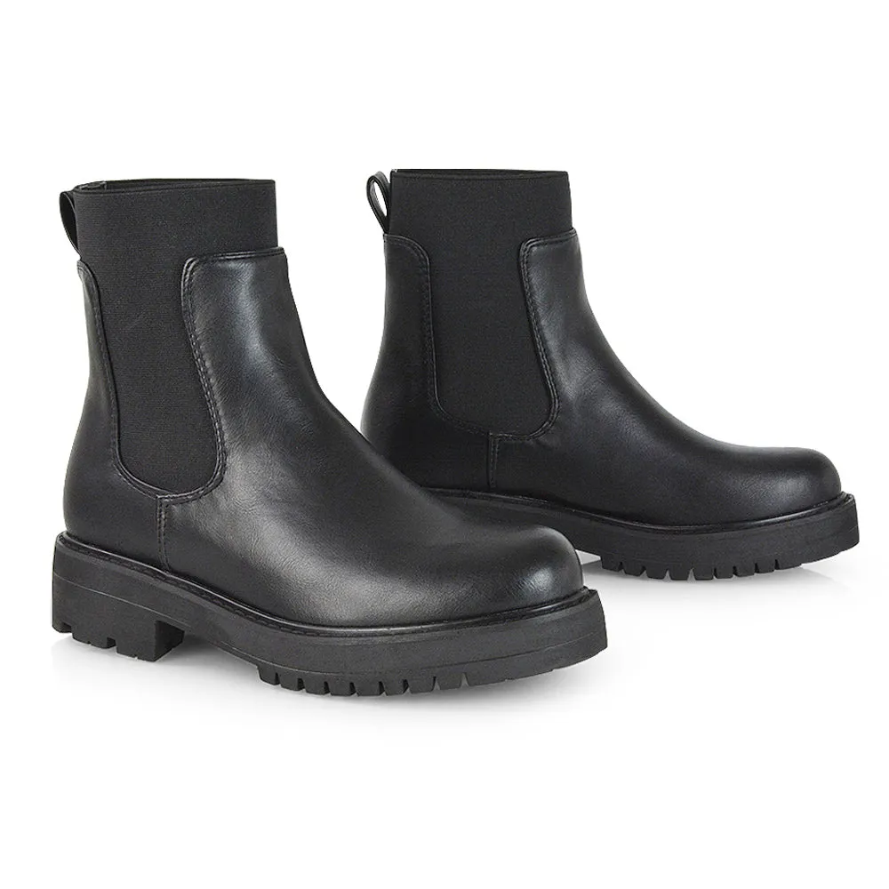 Karev Chunky Sole Elasticated Slip on Block Heel Chelsea Sock Ankle Boots in Black Patent