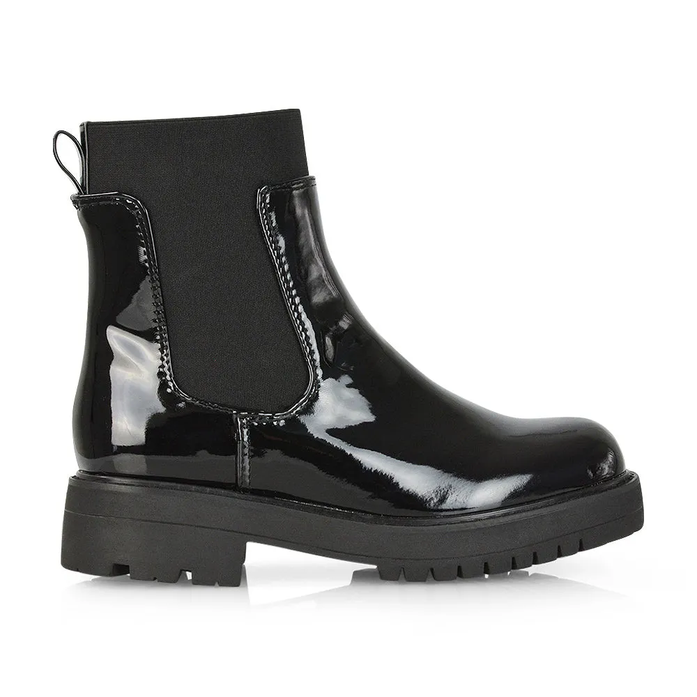 Karev Chunky Sole Elasticated Slip on Block Heel Chelsea Sock Ankle Boots in Black Patent