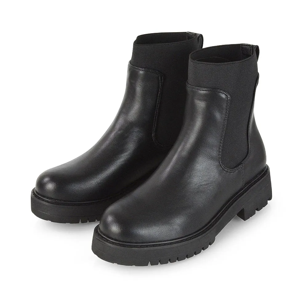 Karev Chunky Sole Elasticated Slip on Block Heel Chelsea Sock Ankle Boots in Black Patent