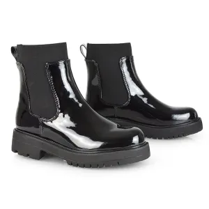 Karev Chunky Sole Elasticated Slip on Block Heel Chelsea Sock Ankle Boots in Black Patent