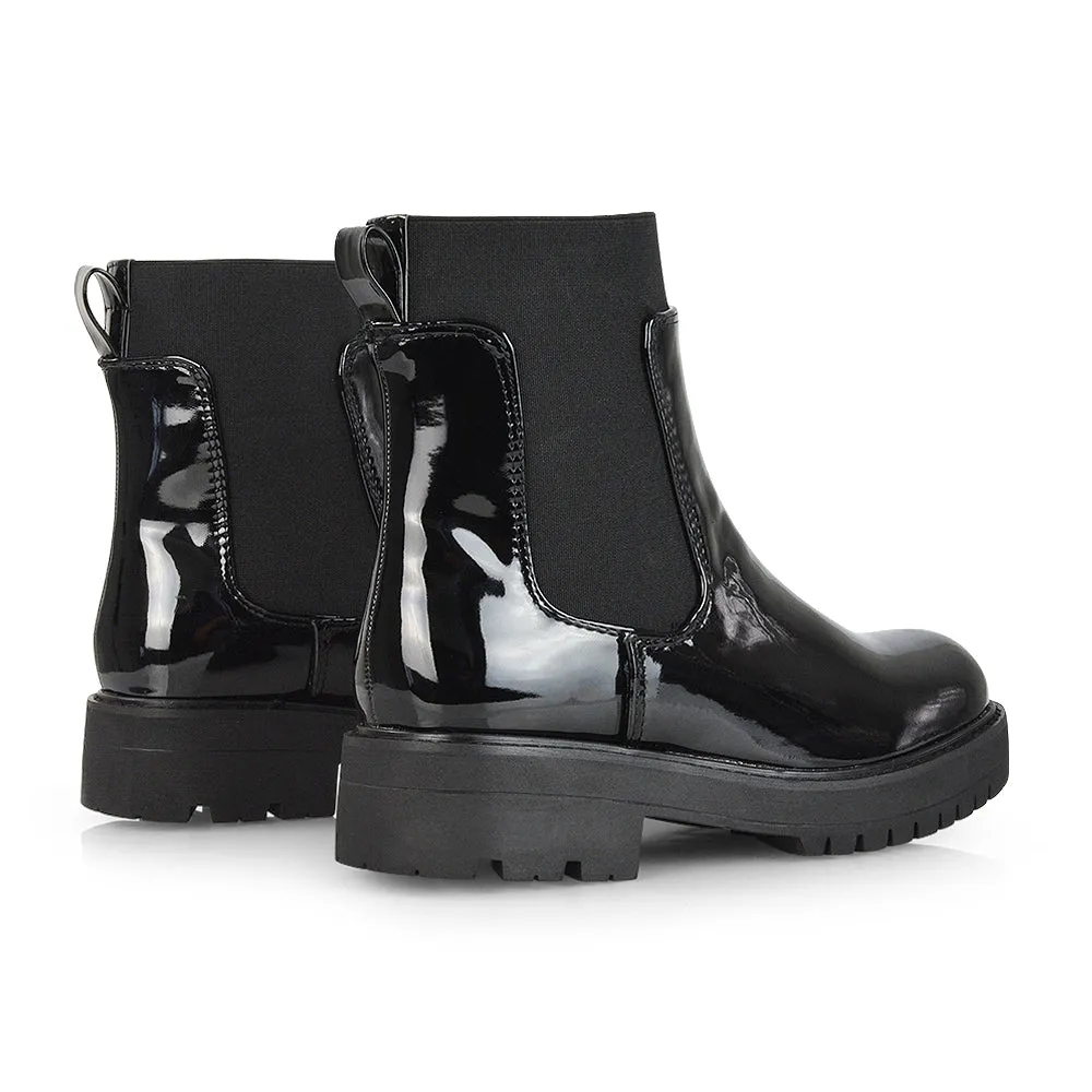 Karev Chunky Sole Elasticated Slip on Block Heel Chelsea Sock Ankle Boots in Black Patent