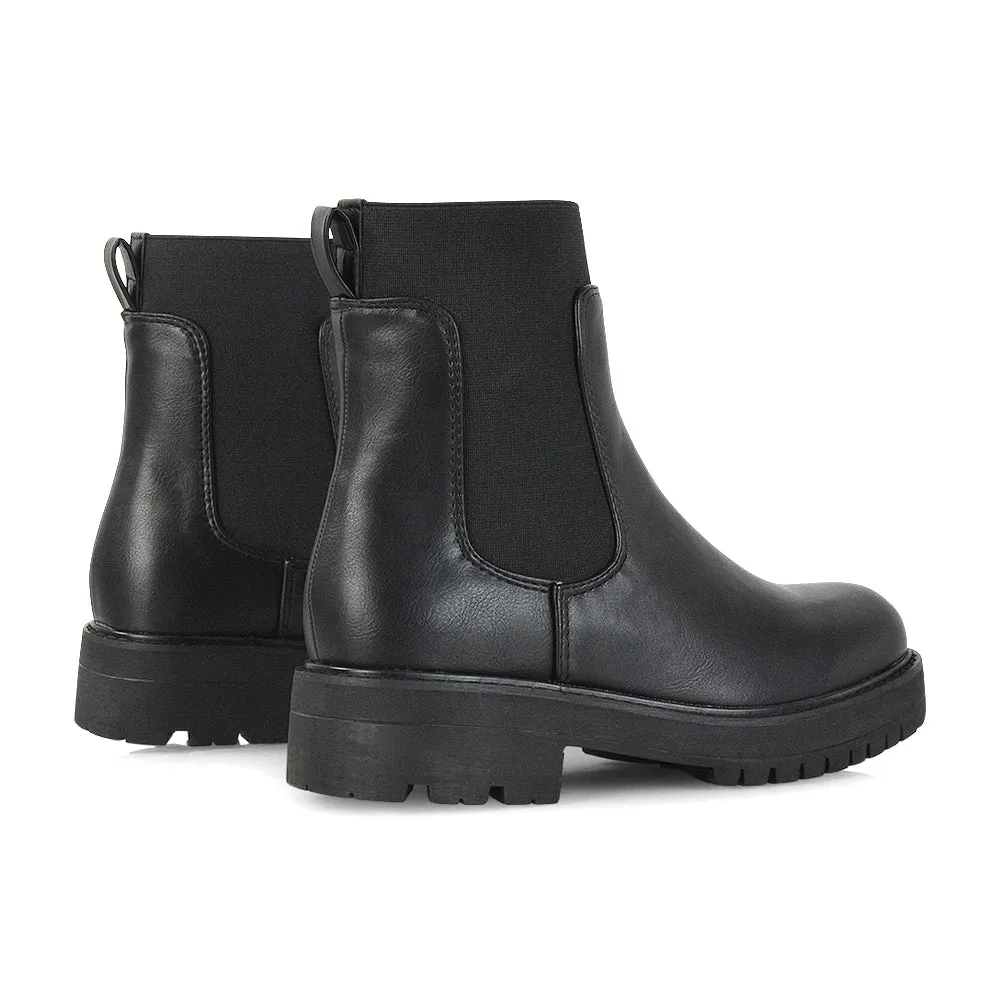 Karev Chunky Sole Elasticated Slip on Block Heel Chelsea Sock Ankle Boots in Black Patent