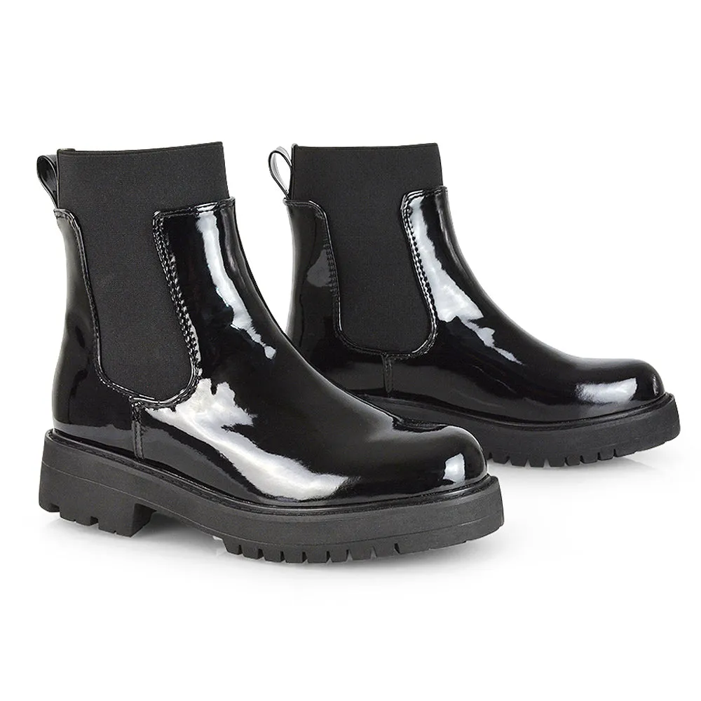 Karev Chunky Sole Elasticated Slip on Block Heel Chelsea Sock Ankle Boots in Black Patent