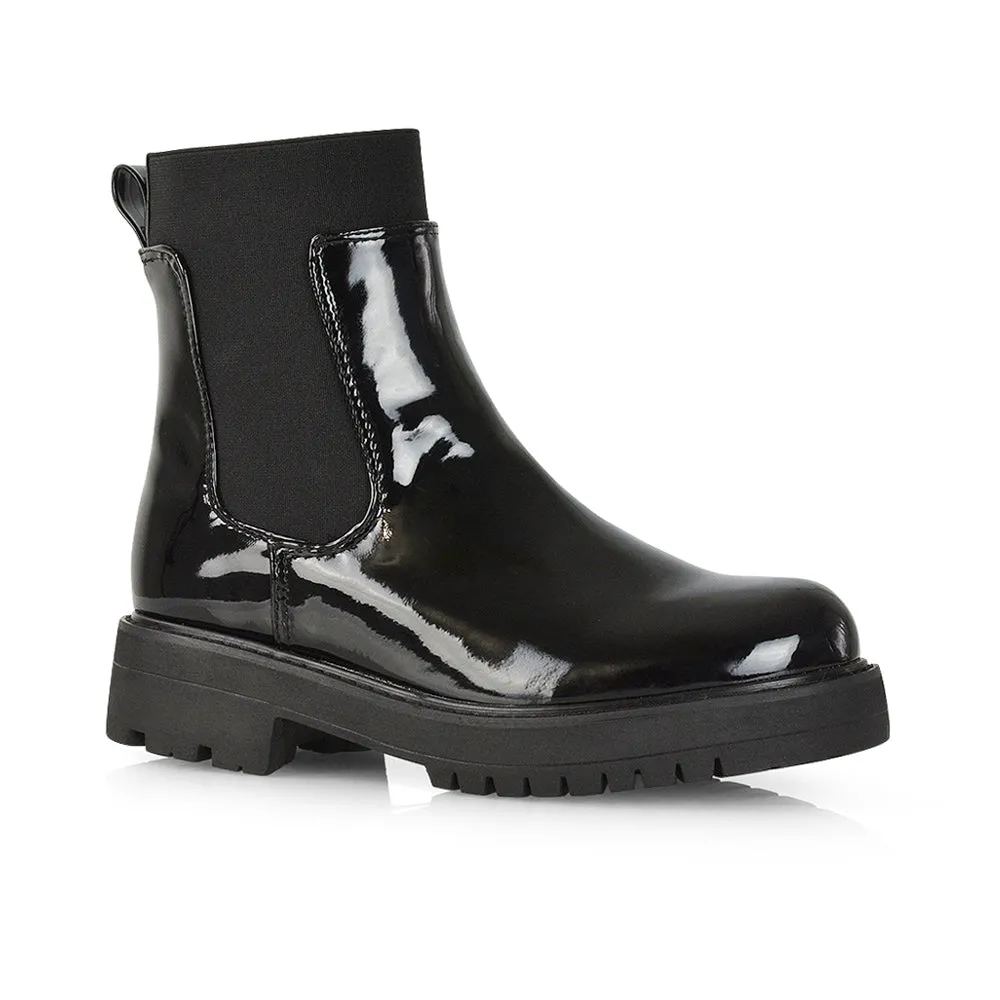 Karev Chunky Sole Elasticated Slip on Block Heel Chelsea Sock Ankle Boots in Black Patent