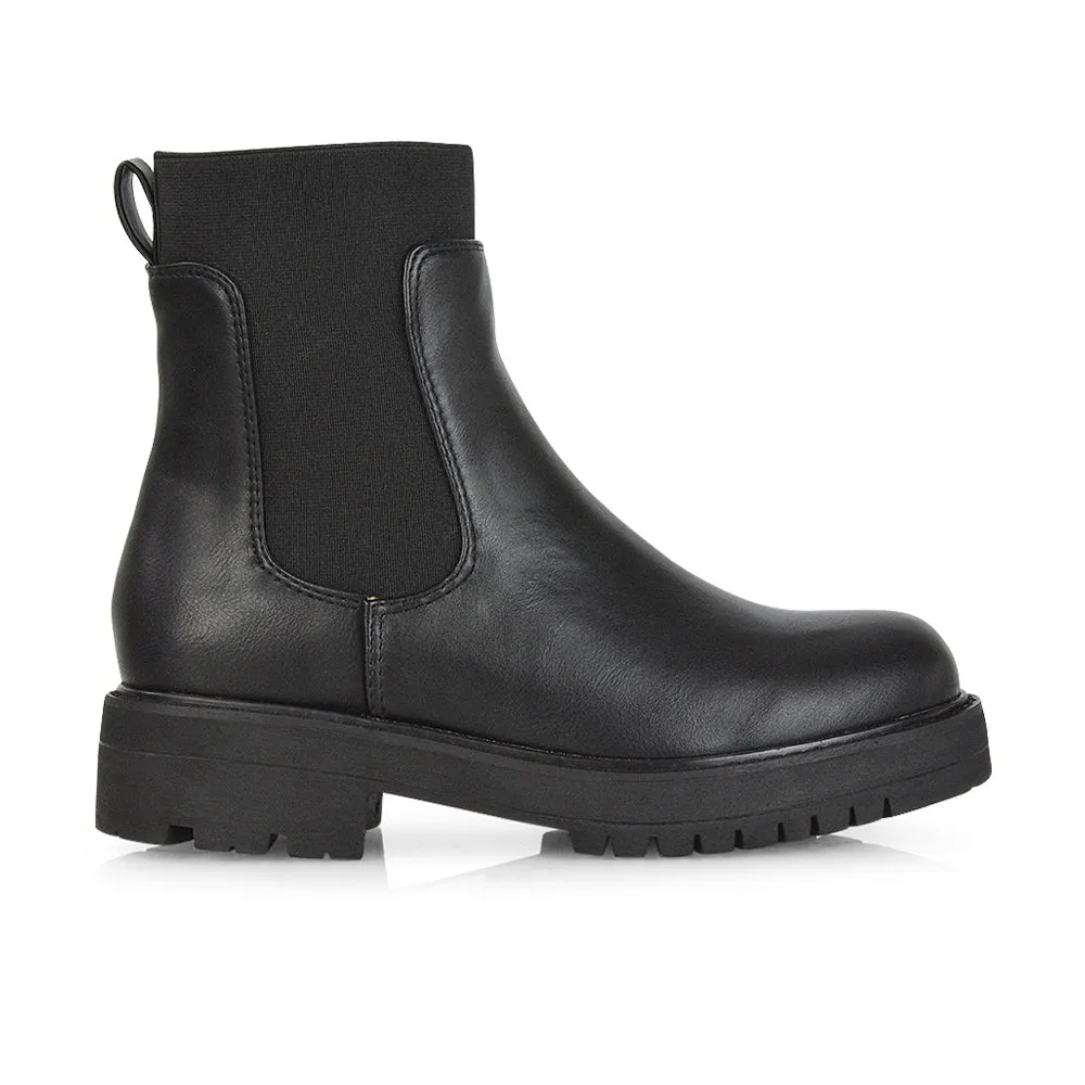 Karev Chunky Sole Elasticated Slip on Block Heel Chelsea Sock Ankle Boots in Black Patent