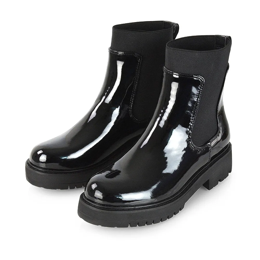 Karev Chunky Sole Elasticated Slip on Block Heel Chelsea Sock Ankle Boots in Black Patent
