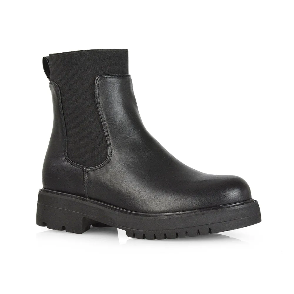 Karev Chunky Sole Elasticated Slip on Block Heel Chelsea Sock Ankle Boots in Black Patent