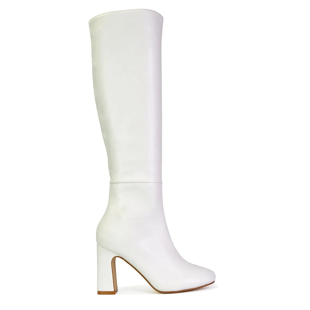 Lillia Winter Zip-up Long Block High Heel Knee High Boots in White Synthetic Leather