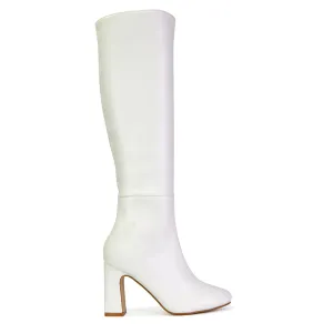 Lillia Winter Zip-up Long Block High Heel Knee High Boots in White Synthetic Leather
