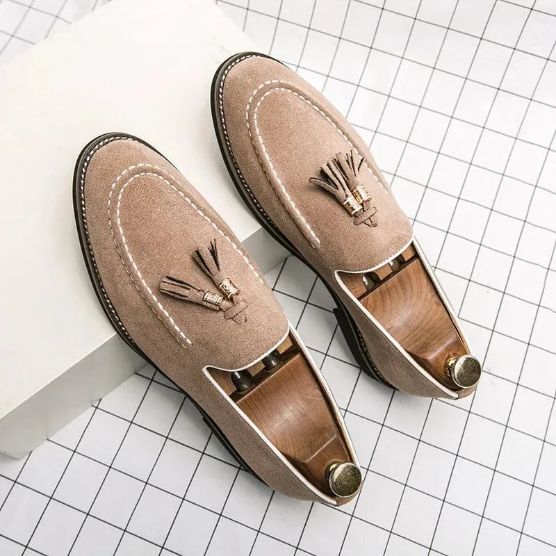 Men's Tassel Suede Leather Slip-On Moccasins | Retro Designer Pointed Toe Banquet Shoes