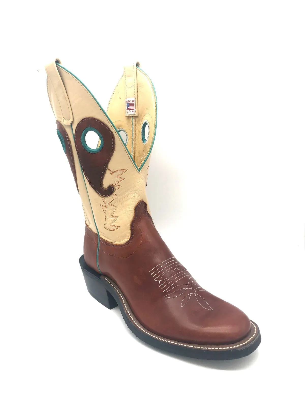 'Olathe' Men's 12" Rough Stock Western Round Toe - Chestnut Oil Latigo / Teal / Cream