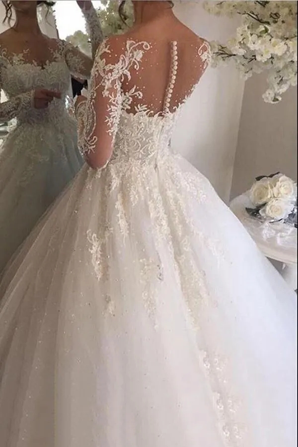 Princess Long Sleeve White Wedding Dress with Appliques