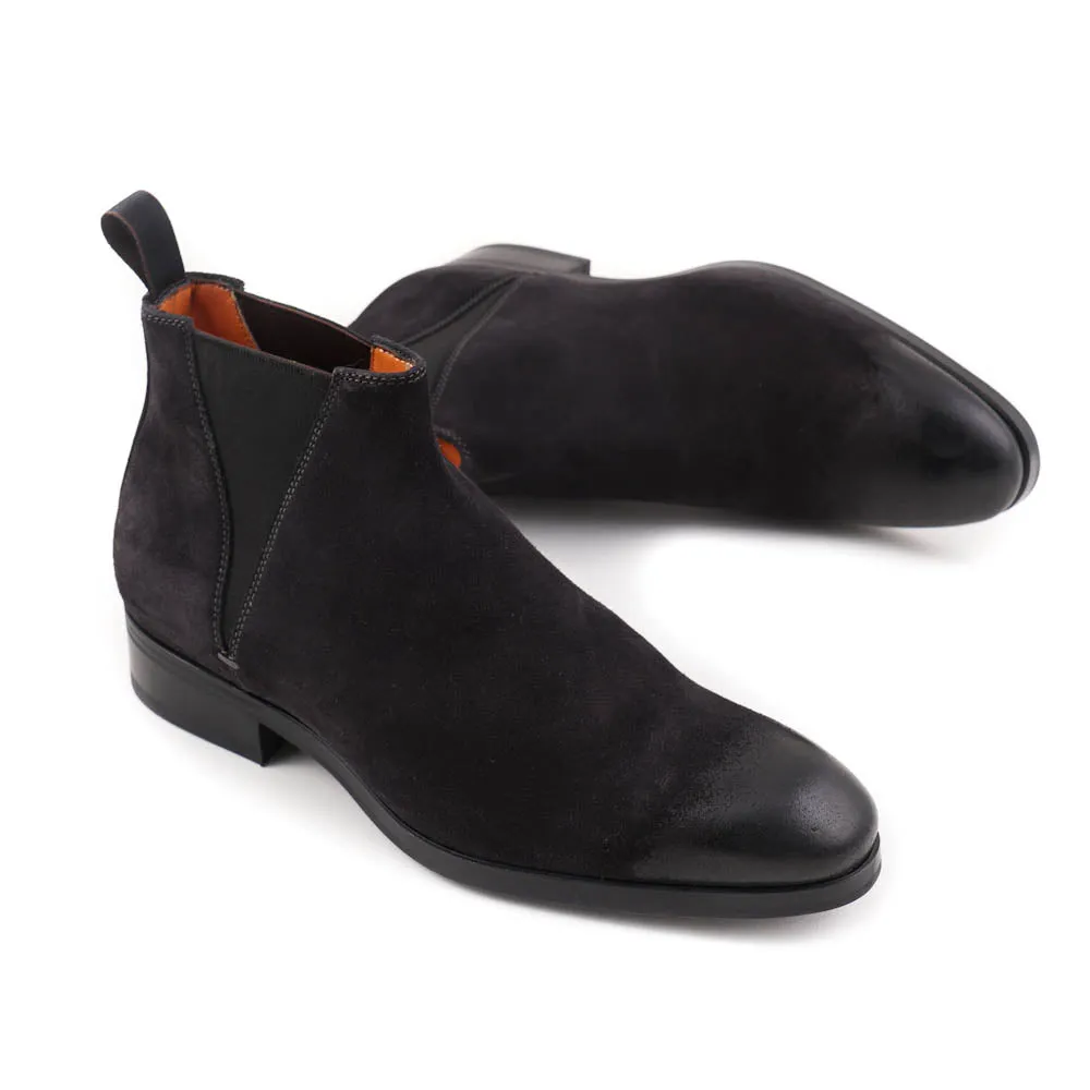 Santoni Chelsea Boot in Black Waxed Suede