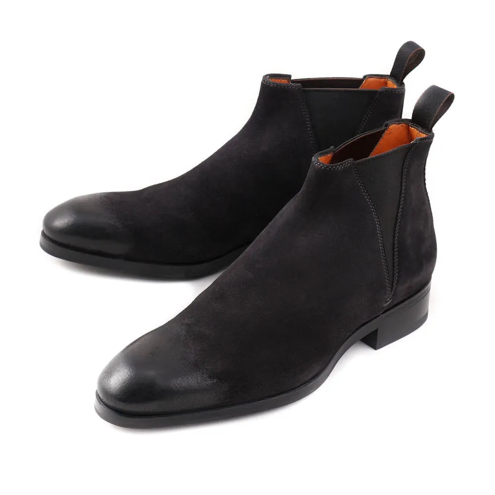 Santoni Chelsea Boot in Black Waxed Suede