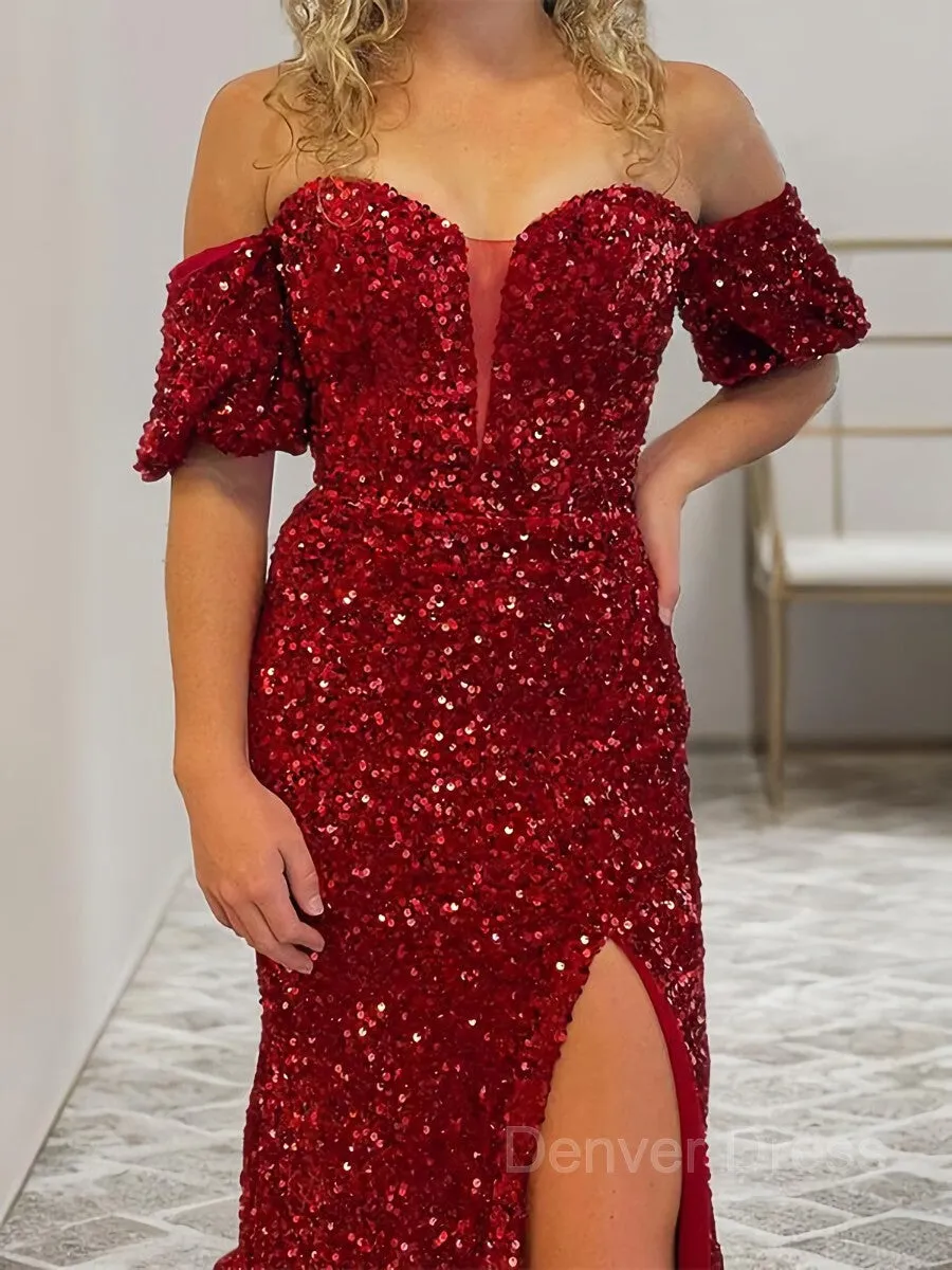 Sheath Off-the-Shoulder Court Train Velvet Sequins Prom Dresses With Leg Slit