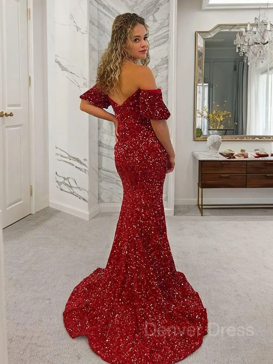 Sheath Off-the-Shoulder Court Train Velvet Sequins Prom Dresses With Leg Slit