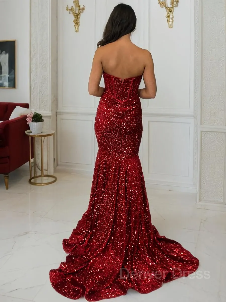 Sheath Sweetheart Court Train Velvet Sequins Prom Dresses With Ruffles