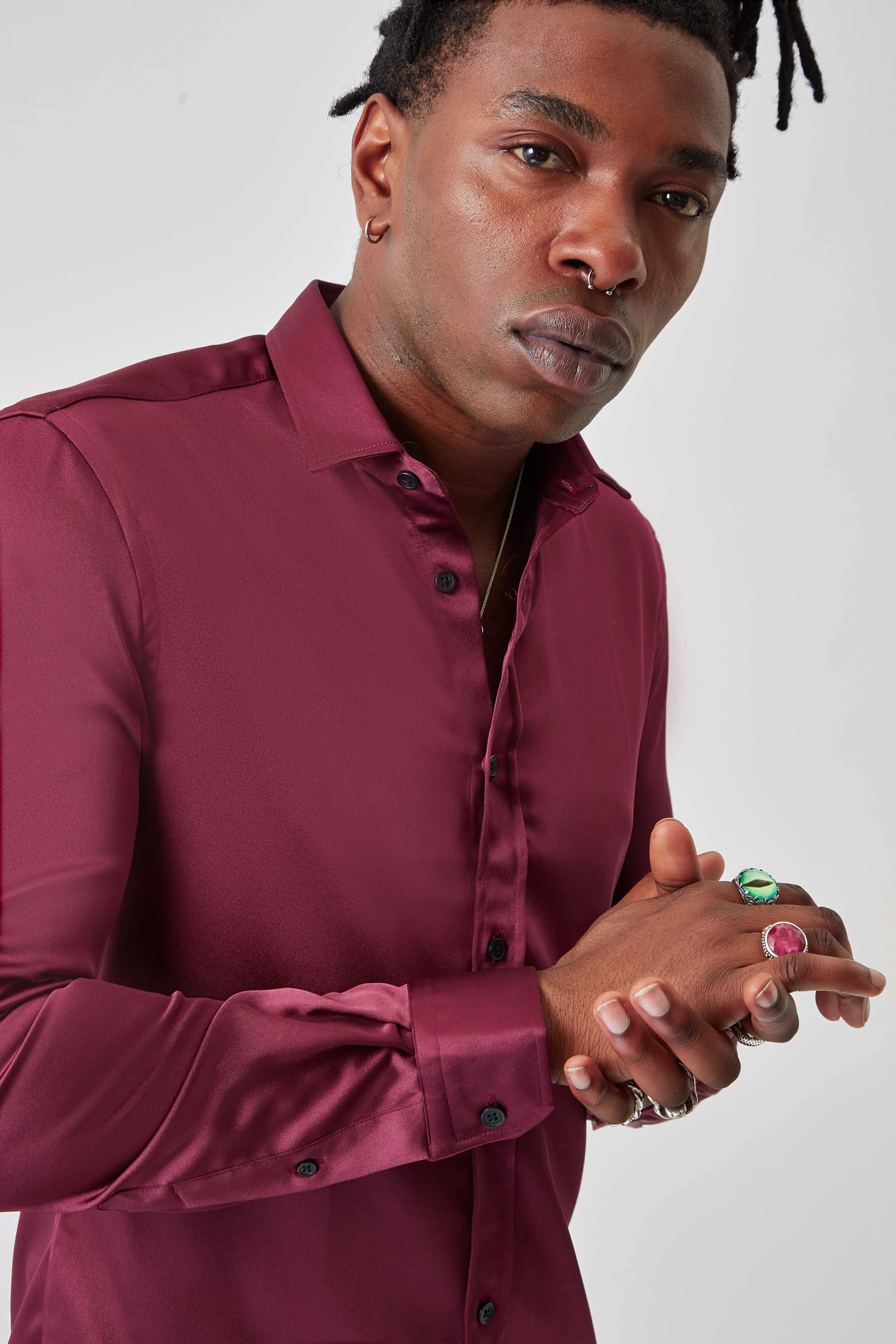 Slinky Slim Fit Burgundy Sateen Shirt - ARCHIVE