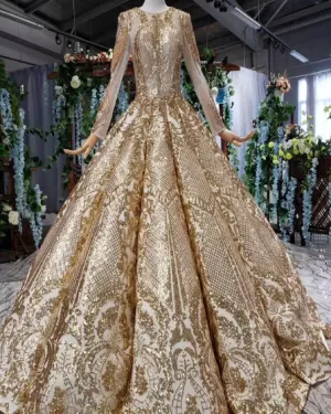 Women Beaded long pleat golden Wedding Dress