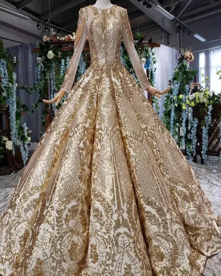 Women Beaded long pleat golden Wedding Dress