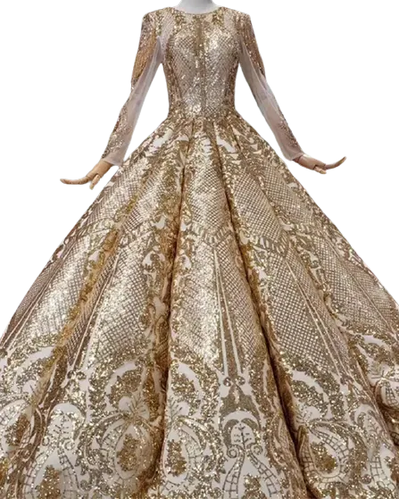 Women Beaded long pleat golden Wedding Dress